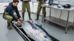 A rare giant bluefin tuna is measured and confirmed by marine biologists using peer-reviewed protocols