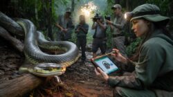 Field biologists confirm the discovery of a record breaking snake specimen during a controlled survey in remote terrain